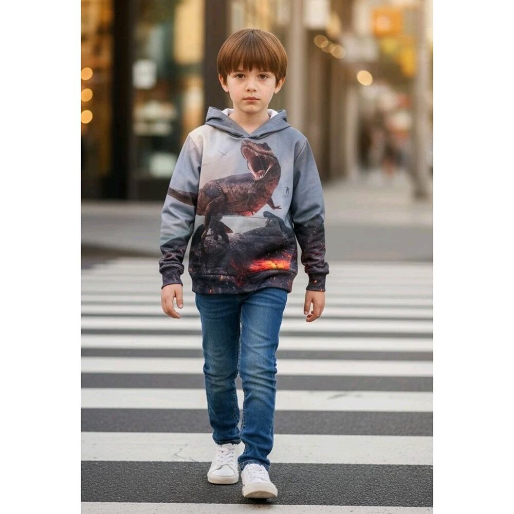 Boy's T REX Dinosaur Hoodie With Pockets Sweatshirt Back Front Print Size 14